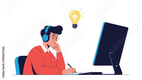 Creative student or professional taking notes and developing innovative ideas while working at a computer in a quiet workspace.