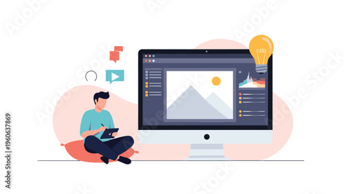 Digital artist using a tablet and professional software to edit high-quality landscape photos and creative visual content.