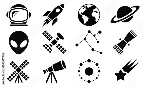 Minimal space exploration and astronomy icons, flat black vector symbols, rockets, planets, satellites, telescopes, and stars, scientific and cosmic illustration graphics
