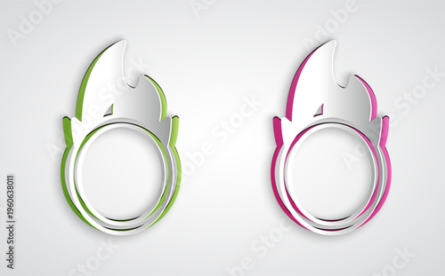 Paper cut Circus fire hoop icon isolated on grey background. Ring of fire flame. Round fiery frame. Paper art style. Vector