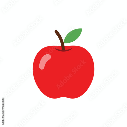 A simplified red apple with a green leaf and brown stem, on white