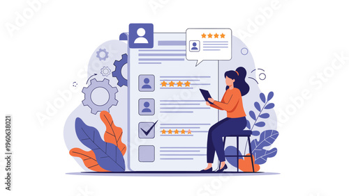 Human resources manager evaluates job candidate applications on a giant clipboard with star ratings and professional profile icons.