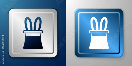 White Magician hat and rabbit ears icon isolated on blue and grey background. Magic trick. Mystery entertainment concept. Silver and blue square button. Vector