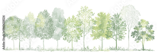 Architectural CAD Tree Line Drawing Set, Minimal Style Wildlife Forest Section Outline Symbols in Side View, Landscape Design Elements, White Stroke and Fill Vector Illustration with Separate Elements