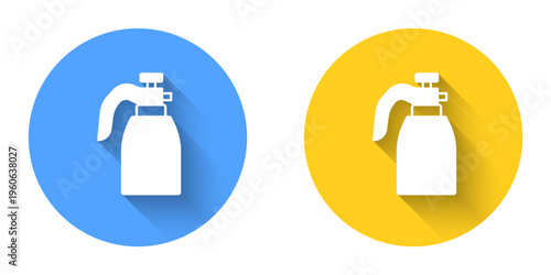 White Garden sprayer for water, fertilizer, chemicals icon isolated with long shadow background. Circle button. Vector