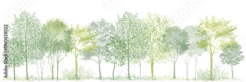 Architectural CAD Tree Line Drawing Set, Minimal Style Wildlife Forest Section Outline Symbols in Side View, Landscape Design Elements, White Stroke and Fill Vector Illustration with Separate Elements