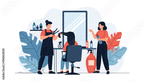 Experienced hair stylist uses a flat iron to style a client's hair in a modern beauty salon equipped with various professional products.