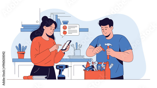 Young couple performs home repairs together with a woman checking digital instructions while a man selects tools from an orange box.