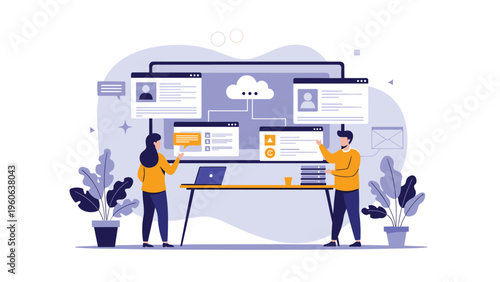 Office colleagues collaborate on a cloud storage project while organizing digital profiles and documents on a large interactive screen.