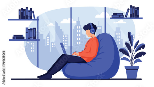 Student with headphones sits in a blue bean bag chair working on a laptop in a modern apartment with an evening city skyline view.