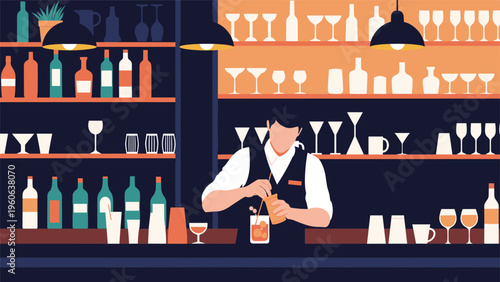 Professional bartender prepares a custom cocktail at a dark bar counter with shelves full of diverse liquor bottles and glassware.