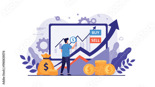 Financial investor monitors stock market trends on a large screen with money bags, gold coins, and rising growth arrows in an office.