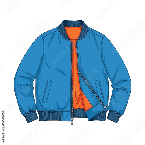 A blue bomber jacket with an orange lining is unzipped