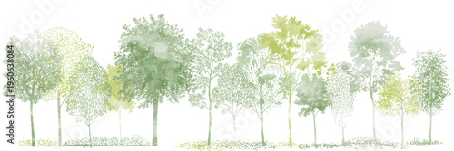 Architectural CAD Tree Line Drawing Set, Minimal Style Wildlife Forest Section Outline Symbols in Side View, Landscape Design Elements, White Stroke and Fill Vector Illustration with Separate Elements