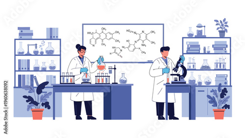 Team of scientists in white lab coats conduct chemical research using microscopes and flasks in a laboratory with complex formulas.