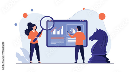 Business strategists evaluate market performance on a digital display next to a large chess knight representing strategic planning.