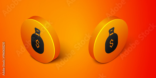 Isometric Money bag icon isolated on orange background. Dollar or USD symbol. Cash Banking currency sign. Orange circle button. Vector