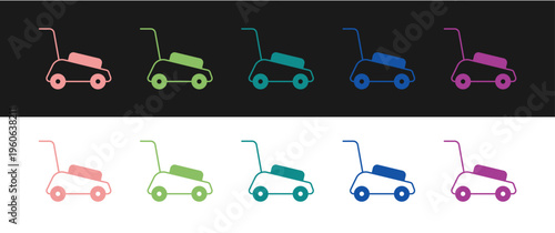 Set Lawn mower icon isolated on black and white background. Lawn mower cutting grass. Vector