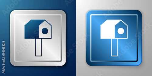 White Bird house icon isolated on blue and grey background. Nesting box birdhouse, homemade building for birds. Silver and blue square button. Vector