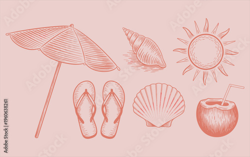 Summer beach vacation with umbrella flip flops shells sun and coconut drink
