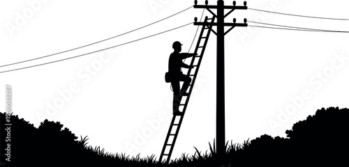Silhouette of electrical worker climbing ladder on utility pole repairing power lines, outdoor maintenance, energy infrastructure and safety concept