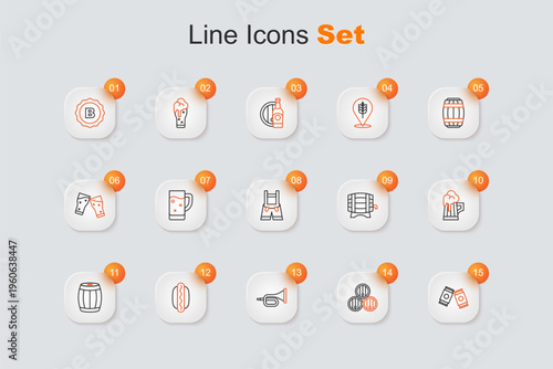 Set line Beer can, Wooden barrel, Trumpet, Hotdog sandwich, beer mug, on rack and Lederhosen icon. Vector
