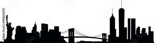 Silhouette of New York City skyline with Brooklyn Bridge and Statue of Liberty, iconic urban landmarks and travel destination concept