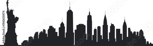 Silhouette of New York City skyline with Statue of Liberty, iconic landmarks, urban architecture, travel destination and cityscape concept