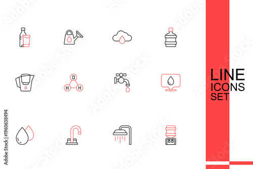 Set line Water cooler, Shower, tap, drop, with location, Chemical formula water H2O and jug filter icon. Vector