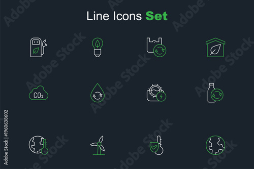 Set line Earth globe, Thermometer, Wind turbine, melting to global warming, Recycling plastic bottle, Water mill, Recycle clean aqua and CO2 emissions cloud icon. Vector