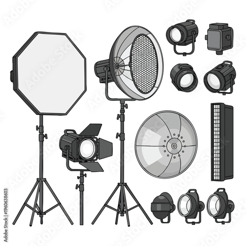 A collection of studio lighting equipment, including softboxes and strobes