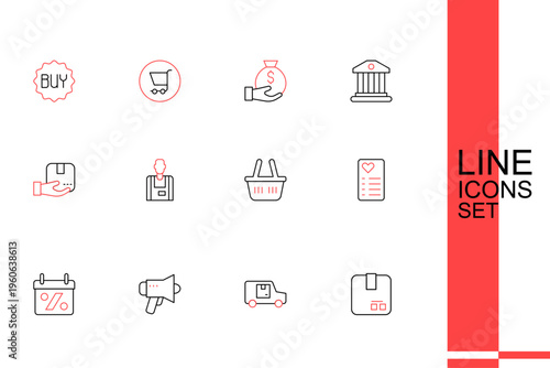 Set line Carton cardboard box, Delivery cargo truck, Megaphone, Discount percent tag, Shopping list, basket, Seller and hand with icon. Vector