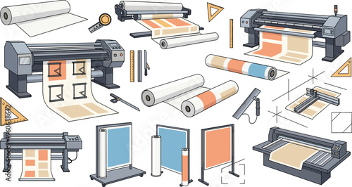 Large Format Printing Equipment Set with Plotter Machines Paper Rolls and Tools for Graphic Production Industrial Printing and Design Studio Illustration Collection