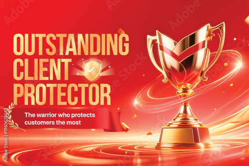 Golden trophy for outstanding client protector with red background