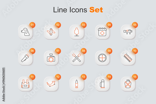 Set line Canteen water bottle, Thermos container, Bullet, Hunting horn, Bulletproof vest, cartridge belt, Sniper optical sight and Burning match with fire icon. Vector
