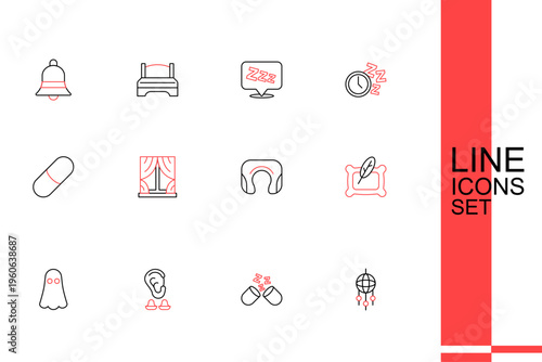 Set line Dream catcher with feathers, Sleeping pill, Earplugs and ear, Ghost, Pillow, Travel neck pillow, Window curtains and icon. Vector