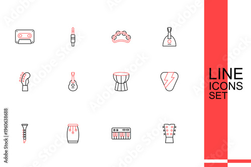 Set line Guitar neck, Music synthesizer, Conga drums, Clarinet, pick, African darbuka, and icon. Vector