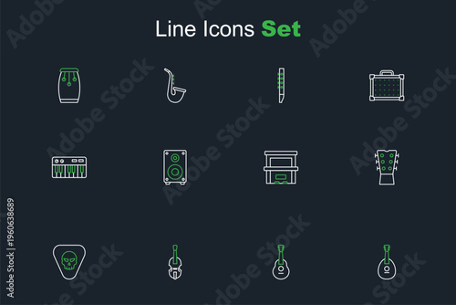 Set line Mandolin, Guitar, Violin, pick, neck, Piano, Stereo speaker and Music synthesizer icon. Vector