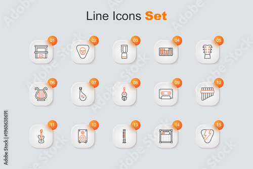 Set line Guitar pick, amplifier, Flute, Stereo speaker, Electric bass guitar, Pan flute, Retro audio cassette tape and Violin icon. Vector
