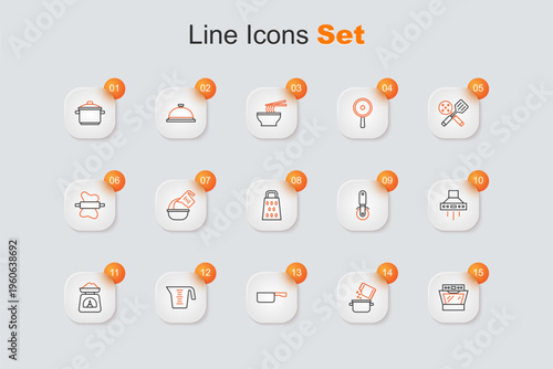 Set line Oven, Cooking pot and spice, Frying pan, Measuring cup, Scales, Kitchen extractor fan, Pizza knife and Grater icon. Vector