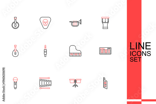 Set line Keytar, Bongo drum, Xylophone, Microphone, Music synthesizer, Grand piano, Audio jack and Mandolin icon. Vector