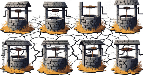 Dry Water Well Collection with Cracked Ground, Drought Concept, Stone Structure, Rustic Village Scene, Environmental Crisis Vector Illustration Set