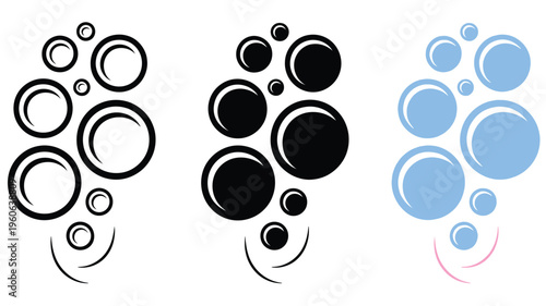 Soap bubbles foam water icon set, cleaning detergent foam symbols, washing liquid bubble illustration, hygiene bath suds effect, sparkling water foam cleaning concept, vector