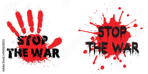 Hand raised with stop sign and stop the war painted isolated on white background. Vector