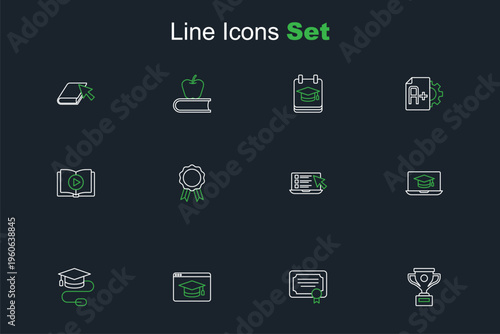 Set line Award cup, Certificate template, Online education, Graduation cap with mouse, laptop, quiz, test, survey, diploma and Audio book icon. Vector