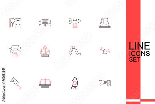 Set line Playground kids bridge, Rocket ship toy, Attraction carousel, Toy horse, Seesaw, Slide playground, and Swing icon. Vector