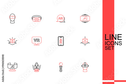 Set line Virtual reality glasses, VR controller game, Augmented AR, 360 degree view, 3d modeling, and icon. Vector
