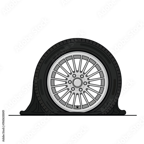 A flat tire is depicted on a white background, illustrating a common vehicle problem.