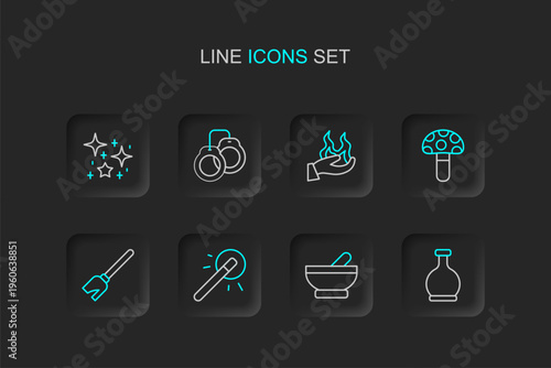 Set line Bottle with potion, Witch cauldron, Magic wand, Witches broom, Psilocybin mushroom, Hand holding fire, Handcuffs and Magical glitter particles icon. Vector