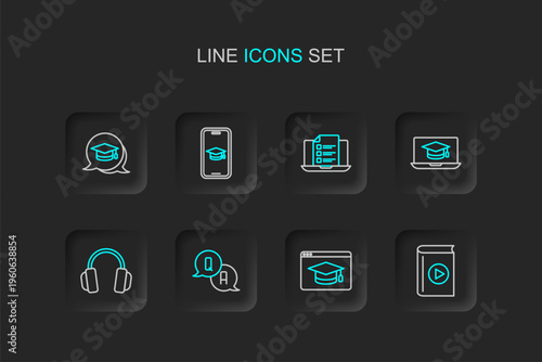 Set line Audio book, Online education, Question and Answer, Headphones, Graduation cap laptop, quiz, test, survey, mobile and speech bubble icon. Vector